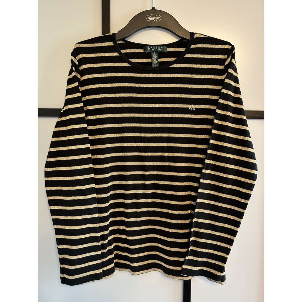 Lauren Ralph Lauren Shirt Black Gold Metallic Striped Long Sleeve Women's Size L